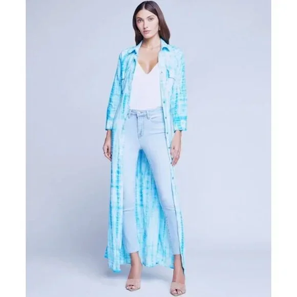 L'Agence Cameron in Aqua Bamboo Tie Dye Linen Belted Maxi Shirt Dress M